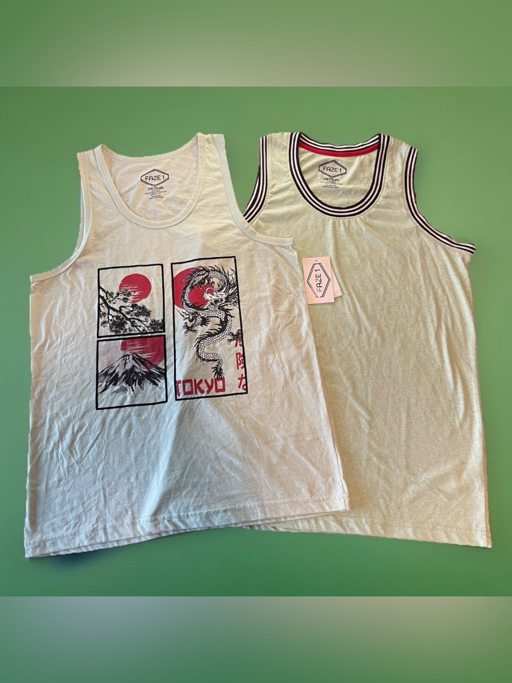 Lot of 2 Faze 1 Tank Tops Mens Medium NWT Tokyo Dragon Graphic & Striped Ringer